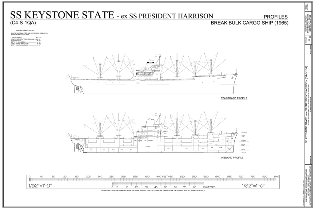 Free Ship Plans SS President Harrison later SS Keystone State break-bulk cargo ship1965 profile plans