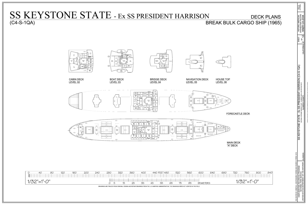 Free Ship Plans SS President Harrison (later SS Keystone State) break-bulk cargo ship1965 upper deck plans.