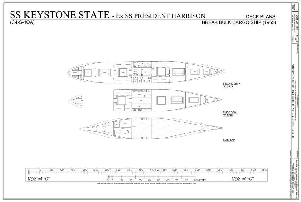 Free Ship Plans SS President Harrison (later SS Keystone State) break-bulk cargo ship1965 lower plans.