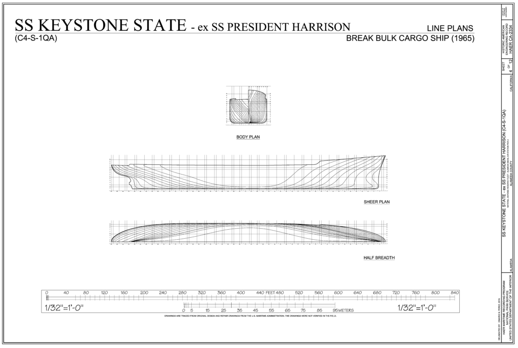 Free Ship Plans SS President Harrison (later SS Keystone State) break-bulk cargo ship1965 lines plans