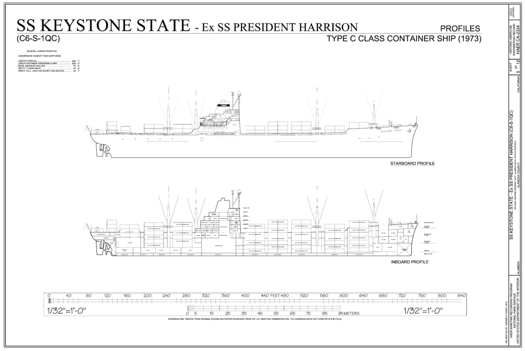 Free Ship Plans SS President Harrison (later SS Keystone State) type C class container ship1973 profile plans