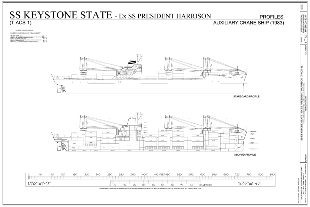 Free Ship Plans SS Keystone State formerly SS President Harrison auxiliary crane ship 1983 profile plans